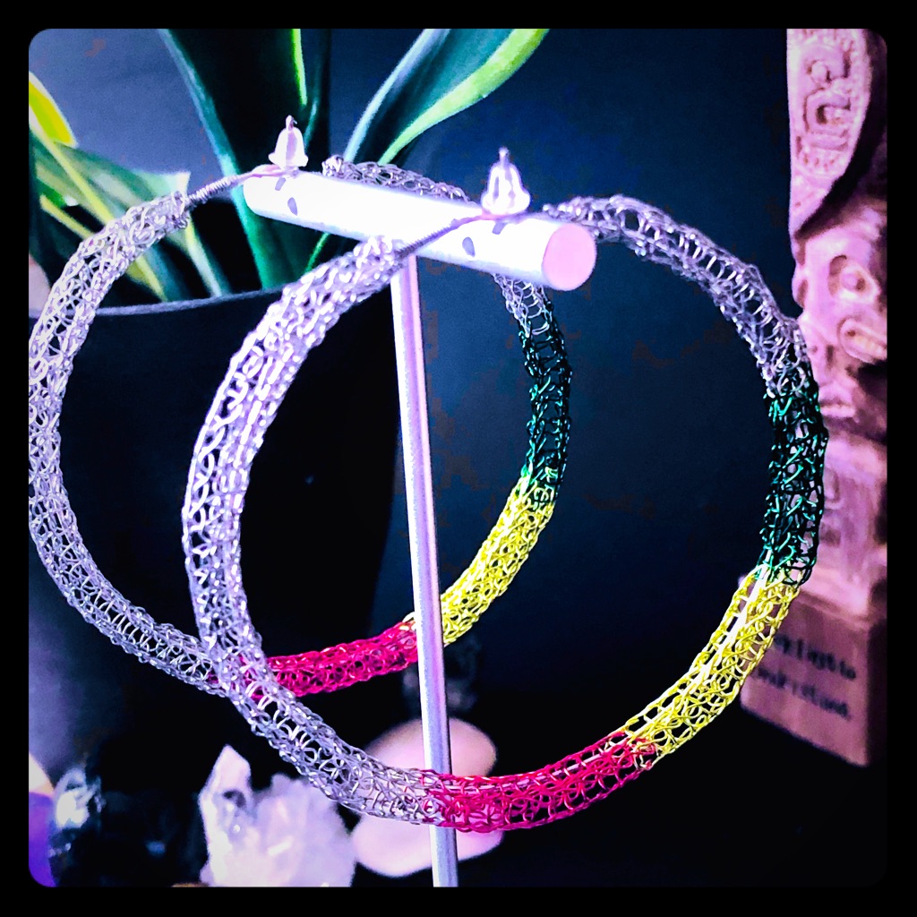 2.5” Handmade Silver Rasta Crocheted Hoop Earrings